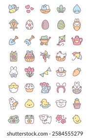 Kawaii spring icon set. Collection of cute hand drawn illustrations of spring flowers, birds, bunnies and easter decorations isolated on a white background. Vector 10 EPS.