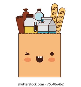 kawaii square paper bag with foods sausage bread and drinks juice and water bottle and milk carton in colorful silhouette