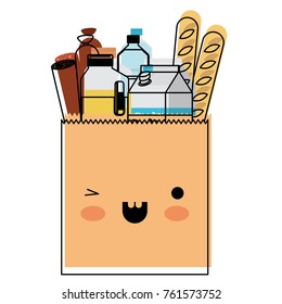 kawaii square paper bag with foods sausage bread and drinks juice and water bottle and milk carton in watercolor silhouette