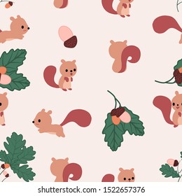 Kawaii squirrels, nuts and autumn leaves, seamless pattern, perfect to use on the web or in print, for surface design