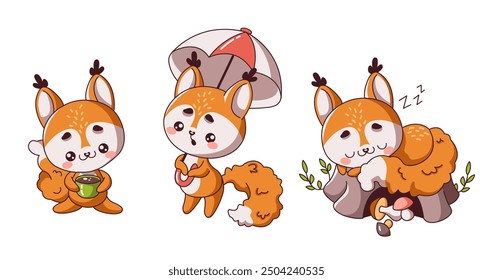 Kawaii squirrels set in various situations on white background. Flat color vector illustrations with wild rodents in different relaxing activities