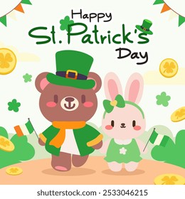 Kawaii St. Patrick’s Day Bear and Bunny Illustration. Adorable St. Patrick’s Day Illustration with Bear and Bunny in Green.