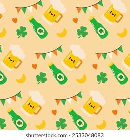 Kawaii St. Patrick’s Day Beer and Shamrock Pattern. St. Patrick’s Day Festive Pattern with Beer and Shamrocks.