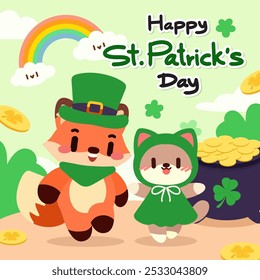 Kawaii St. Patrick’s Day Fox and Cat Illustration. Adorable St. Patrick’s Day Characters with Rainbow and Gold Pot.