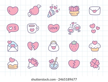 Kawaii St. Valentine day icon set. Collection of cute hand drawn stickers (hearts, strawberry, cupcake, cocktail, flower etc.) on a checkered background. Vector 10 EPS.