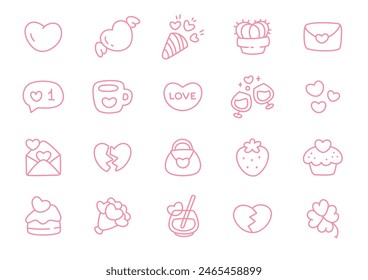 Kawaii St. Valentine day icon set. Collection of cute doodle stickers (hearts, strawberry, cupcake, cocktail, flower etc.) isolated on a white background. Vector 10 EPS.
