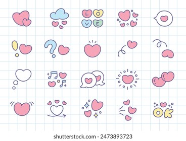 Kawaii St. Valentinstag Icon Set. Kollektion von niedlichen handgezeichneten Aufklebern mit Herzen auf einem karierten Hintergrund. Vektorgrafik 10 EPS.