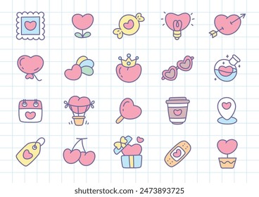 Conjunto de iconos de San Valentín Kawaii. Colección de pegatinas dibujadas a mano con corazones (calendario, corona, cereza, caja de regalo, taza de café, etc.) sobre un fondo a cuadros. Vector 10 EPS.