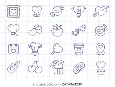 Kawaii St. Valentine day icon set. Collection of cute hand drawn stickers with hearts (shooting star, gift tag, patch, pink glasses, sweets etc.) on a checkered background. Vector 10 EPS.