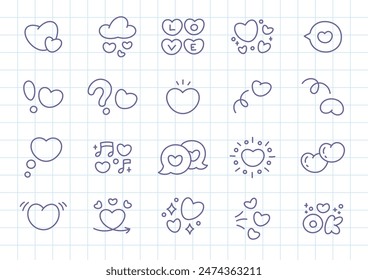 Kawaii St. Valentine day icon set. Collection of cute hand drawn stickers with hearts on a checkered background. Vector 10 EPS.