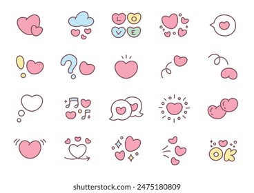 Kawaii St. Valentine day icon set. Collection of cute hand drawn stickers with hearts isolated on a white background. Vector 10 EPS.