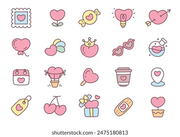 Conjunto de iconos de San Valentín Kawaii. Colección de lindas pegatinas dibujadas a mano con corazones (caramelo, poción de amor, flor, globo, sello postal, etc.) aisladas sobre un fondo blanco. Vector 10 EPS.