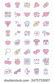 Kawaii St. Valentine day icon set. Collection of cute hand drawn romantic objects on a checkered background. Vector 10 EPS.