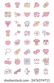 Kawaii St. Valentine day icon set. Collection of cute hand drawn stickers with hearts isolated on a white background. Vector 10 EPS.