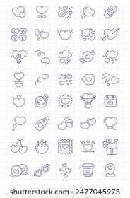 Kawaii St. Valentine day icon set. Collection of cute hand drawn romantic objects. Monochrome illustrations on a checkered background. Vector 10 EPS.