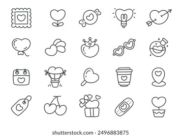 Kawaii St. Valentine day icon set. Collection of cute hand drawn monochrome illustrations with hearts (candy, love potion, flower, balloon, postage stamp etc.) on a white background. Vector 10 EPS.