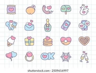 Kawaii St. Valentine day icon set. Collection of cute hand drawn stickers with hearts (mailbox, letter, fortune cookie, heart-shaped donut, spider web with a heart etc.) on a checkered background. Vec