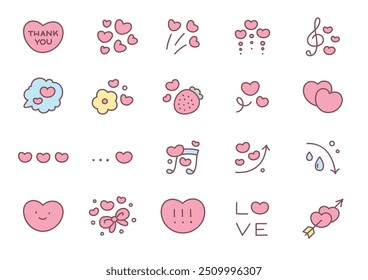 Kawaii St. Valentine day icon set. Collection of cute hand drawn abstract illustrations with hearts isolated on a white background. Vector 10 EPS.