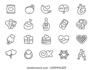 Kawaii St. Valentine day icon set. Collection of cute hand drawn monohrome illustrations with hearts (champagne, ring, mailbox, phone, desserts etc.) on a white background. Vector 10 EPS.