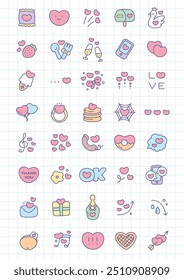 Kawaii St. Valentine day icon set. Collection of cute hand drawn romantic objects on a checkered background. Vector 10 EPS.