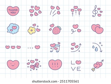 Kawaii St. Valentine day icon set. Collection of cute hand drawn abstract illustrations with hearts on a checkered background. Vector 10 EPS.