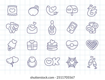 Kawaii St. Valentine day icon set. Collection of cute hand drawn stickers with hearts (candy pack, champagne glasses, heart-shaped waffle, pancakes, handset etc.) on a checkered background. Vector 10 