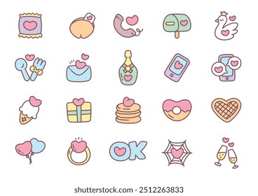 Kawaii St. Valentine day icon set. Collection of cute hand drawn stickers with hearts (swan, champagne bottle, balloons, ring, gift box etc.) isolated on a white background. Vector 10 EPS.