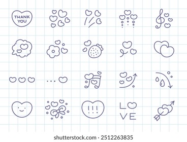 Kawaii St. Valentine day icon set. Collection of cute hand drawn abstract illustrations with hearts on a checkered background. Vector 10 EPS.