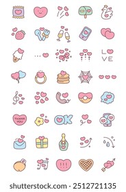 Kawaii St. Valentine day icon set. Collection of cute hand drawn romantic objects isolated on a white background. Vector 10 EPS.