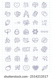 Kawaii St. Valentine day icon set. Collection of cute hand drawn romantic objects. Monochrome illustrations on a checkered background. Vector 10 EPS.