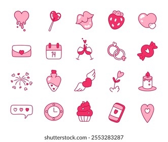 Kawaii St. Valentine day icon set. Lovely hearts stickers. Love concept. Happy Valentines day. Vector illustrations in pink colors. Collection of cute hand drawn stickers with hearts. Cupcake, kiss