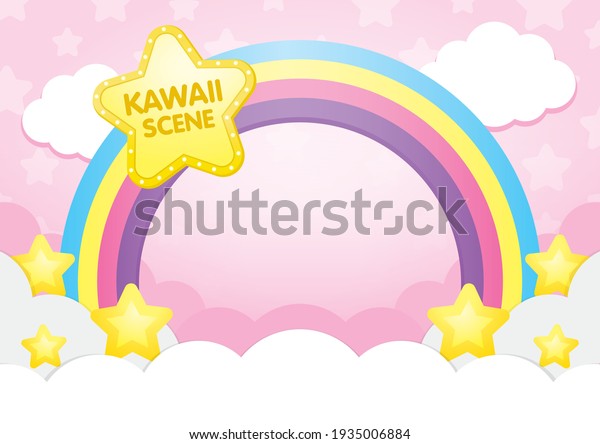 kawaii star light bulb signage on cute rainbow wallpaper mural archway with yellow stars and fluffy cloud on pink background.