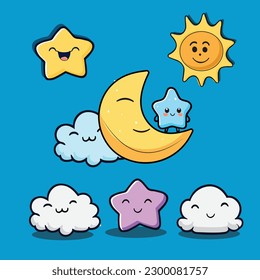 Kawaii star, sun, moon, cloud emoji cartoon character. Weather element cartoon set.Sun, moon,star on isolated background, Vector illustration.