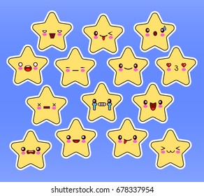 Kawaii stars set, face with eyes, yellow color on blue background. Vector illustration