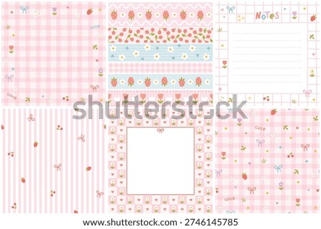 Kawaii stationery set with seamless patterns, washi tape and note frames. Cute pink aesthetic background with strawberry, bow and daisy. Girly hand-drawn doodle for digital planner and stickers
