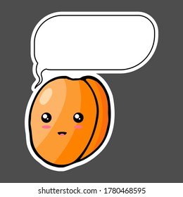 Kawaii sticker colorful cartoon apricot with thought bubble. Vector illustration isolated on dark background.