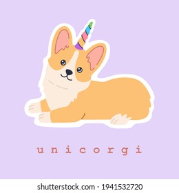 Kawaii sticker of cute corgi unicorn with colourful rainbow horn, little magic puppy with funny smiling face. Friendly lying baby dog. Hand drawn trendy modern illustration in flat cartoon style.