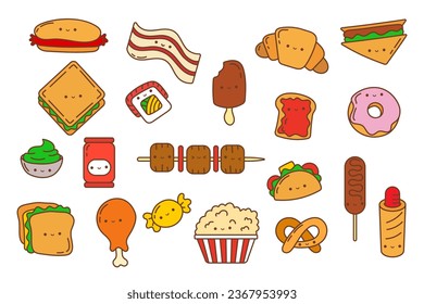 Kawaii Sticker Fast Food Set. Collection of Cute Kawaii Food Illustrations. All images are made in kawaii style. Vector Illustration of a Kawaii Food for Stickers, Baby Shower, Prints for Clothes