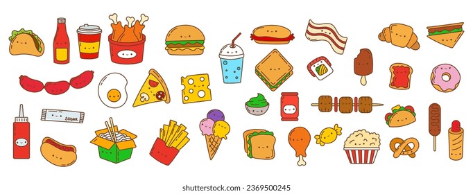 Kawaii Sticker Fast Food Set. Sammlung von Cute Kawaii Food Illustrationen. Alle Bilder sind im kawaii-Stil gemacht. Vektorgrafik eines Kawaii-Lebensmittels für Aufkleber, Babydusche, Kleiderdrucke