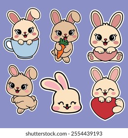kawaii sticker illustrations set featuring adorable bunnies