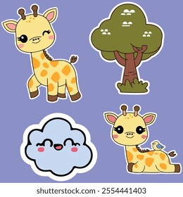 kawaii sticker illustrations set featuring adorable giraffes