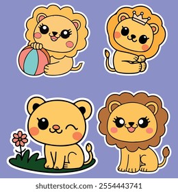 kawaii sticker illustrations set featuring adorable lions