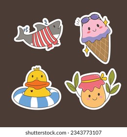 Kawaii sticker set doodle hand drawn style shark  ice cream  duck  honey vector file