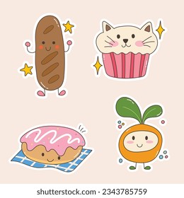 Kawaii sticker set doodle hand drawn style, cup cake, cat, cake, bread, plant vector file