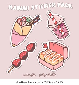 Kawaii sticker set or elements with cute japan anime manga cartoon style vector illustration