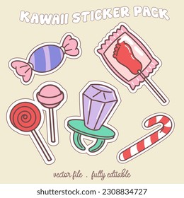 Kawaii sticker set or elements with cute japan anime manga cartoon style vector illustration