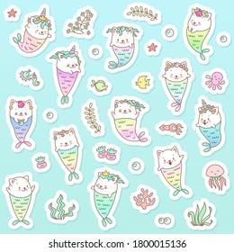Kawaii sticker set. Illustration of little kitten mermaids and sea creatures on a blue background. Vector 10 EPS.
