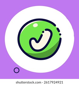A kawaii sticker with a tiny green check mark on a purple background.