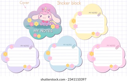 Kawaii stickers  block note's ready for print. Signs, symbols, objects and templates for planners, invitations, notebooks, diaries and cards. Personal memo, paper blank list , cardboard. Inspiration 
