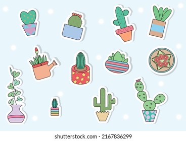 Kawaii stickers conjunto de dibujos animados vector, lindo dibujo de cactus de dibujos animados, doodles suculentos para diario de balas